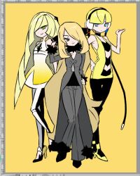  3girls black_choker black_coat black_pants black_pantyhose blonde_hair blue_eyes blunt_bangs choker closed_mouth coat commentary_request cynthia_(pokemon) dot_mouth dress elesa_(pokemon) expressionless full_body fur-trimmed_coat fur-trimmed_sleeves fur_collar fur_trim green_eyes grey_eyes hair_over_one_eye hand_on_own_hip hand_up korean_commentary long_hair looking_at_viewer lusamine_(pokemon) multiple_girls pants pantyhose pokemon pokemon_bw pokemon_dppt pokemon_sm secret9050 short_hair sleeveless sleeveless_dress smile trait_connection very_long_hair white_dress yellow_background yellow_dress 