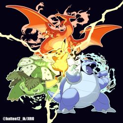  blastoise cannon charizard claws commentary_request dragon electricity fangs fire highres leaf mamebato no_humans open_mouth pikachu plant pokemon pokemon_(creature) pokemon_focus tail venusaur water wings 