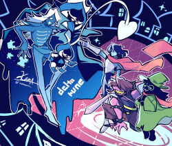  1girl 1other 4boys armlet armor blue_background blue_cloak blue_hair blue_jacket blue_pants blue_skin bracelet breastplate cape cloak closed_eyes colored_skin commentary_request copyright_name deltarune dress full_body furry furry_female furry_male gauntlets green_dress green_hat grin hat highres holding holding_sword holding_weapon jacket jewelry kana_(kanaice) king_(deltarune) kris_(dark_world)_(deltarune) kris_(deltarune) lancer_(deltarune) long_hair multiple_boys one_eye_closed open_mouth outstretched_arm own_hands_together pants pink_cape pink_skin puzzle_piece ralsei ralsei_(hat) round_eyewear rouxls_kaard short_hair signature smile spiked_armlet spiked_bracelet spikes standing susie_(dark_world)_(deltarune) susie_(deltarune) sword the_fun_gang twitter_username u_u utdr_(toby_fox) weapon white_hair 