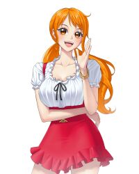  1girl absurdres ailopiyuw bangle blouse blush bracelet brown_eyes commentary cowboy_shot dress frilled_sleeves frills german_clothes highres jewelry long_hair looking_at_viewer low_twintails miniskirt nami_(one_piece) official_alternate_costume official_alternate_hairstyle one_piece open_mouth orange_hair red_dress red_skirt shirt short_sleeves skirt solo teeth twintails upper_teeth_only wavy_hair white_background white_shirt 