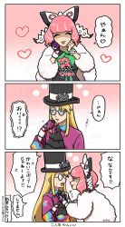  1boy 1girl ascot asymmetrical_gloves avery_(pokemon) black_ascot black_hat blonde_hair blue_eyes bow bracelet breasts closed_eyes closed_mouth coat collared_shirt commentary_request drill_hair drill_sidelocks dynamax_band eyeshadow flipped_hair fur_coat fur_jacket glasses gloves hair_bow hairband hat highres jacket jewelry klara_(pokemon) long_hair makeup medium_breasts mismatched_gloves mole mole_under_mouth pink_eyeshadow pink_hair pink_lips pokemon pokemon_swsh print_shirt ring round_eyewear shaded_face shirt short_hair sidelocks smile top_hat translation_request two-tone_shirt unnnnn01 violet_eyes white_bow white_hairband 