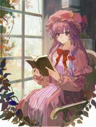  1girl absurdres book bow bowtie chair chinese_commentary commentary_request crescent crescent_hat_ornament dress hat hat_ornament highres holding holding_book jin_jin_jin_jin mob_cap on_chair open_book patchouli_knowledge pink_dress pink_hat purple_dress purple_hair reading red_bow red_bowtie sitting solo striped_clothes striped_dress touhou vertical-striped_clothes vertical-striped_dress violet_eyes 