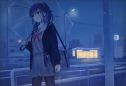  1girl aose_(aose_pp) arm_at_side asahina_mafuyu bag black_cardigan black_pantyhose blue_sky breasts building cardigan commentary_request cowboy_shot fence film_grain from_below glowing grey_bag grey_serafuku grey_shirt grey_skirt hair_between_eyes hair_ornament hair_scrunchie high_ponytail highres holding holding_umbrella iron_fence lamppost long_hair long_sleeves looking_ahead miniskirt miyamasuzaka_girls'_academy_school_uniform neckerchief night open_cardigan open_clothes pantyhose pleated_skirt ponytail power_lines project_sekai puffy_long_sleeves puffy_sleeves purple_hair rain red_neckerchief sailor_collar school_bag school_uniform scrunchie serafuku shirt shoulder_bag sidelocks skirt sky small_breasts solo standing swept_bangs tareme transparent transparent_umbrella umbrella utility_pole violet_eyes white_sailor_collar yellow_scrunchie 