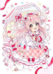  1girl :d absurdres animal_ear_fluff animal_ears argyle_clothes argyle_pantyhose blush boots candy_wrapper cat_ears cat_girl cat_tail center_frills checkerboard_cookie collared_shirt commentary_request cookie cup dress_shirt flower food frilled_boots frilled_skirt frilled_umbrella frills full_body fushigi_na_neko_no_machi_meltier green_eyes highres holding holding_umbrella long_hair long_sleeves looking_at_viewer macaron marker_(medium) moco_(fushigi_na_neko_no_machi_meltier) pantyhose pink_boots pink_flower pink_hair pink_rose pink_umbrella plaid_clothes plaid_skirt pleated_skirt puffy_long_sleeves puffy_sleeves red_flower red_rose rose sakura_oriko saucer shirt skirt smile solo tail teapot traditional_media umbrella very_long_hair white_background white_flower white_pantyhose white_shirt 