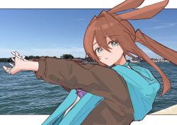  1girl amiya_(arknights) animal_ears arknights ascot black_jacket blue_ascot blue_choker blue_eyes blue_jacket brown_hair choker commentary_request double-parted_bangs from_side ha_(huton_in_mach) hair_between_eyes hair_intakes highres hood hooded_jacket jacket jewelry letterboxed location_request long_hair long_sidelocks long_sleeves looking_at_viewer multicolored_jacket multiple_rings open_clothes open_jacket parted_lips photo_background ponytail rabbit_ears ring shirt sidelocks solo two-tone_jacket upper_body white_background white_shirt 