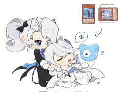 2girls arias_the_labrynth_butler black_jacket black_pants butler commentary_request demon_girl demon_horns dress duel_monster female_butler full_body grey_hair highres horns jacket lovely_labrynth_of_the_silver_castle monocle multiple_girls nose_bubble pants ranko1433 simple_background sleeping white_background white_dress yu-gi-oh! 