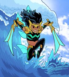  1girl agents_of_atlas aqua_pants black_eyes black_hair black_tank_top dan_hipp dark-skinned_female dark_skin day dual_wielding dynamic_pose forehead_protector game_cg green_tank_top holding holding_weapon horizon long_hair marvel marvel_snap midriff multicolored_pants ocean official_art outdoors pants sky superhero_costume sword tank_top wave_(marvel) waves weapon 