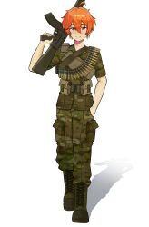  absurdres ammunition ammunition_belt belt_pouch boots brown_boots camouflage camouflage_jacket camouflage_pants closed_mouth damtheriver freckles full_body gun hair_between_eyes hand_in_pocket highres holding holding_weapon invisible_floor jacket looking_at_viewer orange_hair original pants pouch rifle rifle_cartridge shadow short_hair shoulder_belt simple_background smile standing violet_eyes weapon white_background 