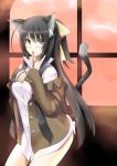  animal_ears black_eyes black_hair blush cat_ears cat_tail copyright_request highres kyougoku_touya long_hair mouth_hold no_pants off_shoulder ribbon_in_mouth solo tail 
