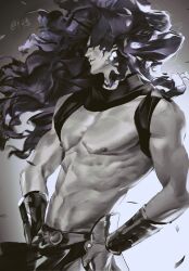  1boy abs battle_tendency bracer d224356393115 earrings floating_hair hair_over_eyes hands_on_own_hips hashtag-only_commentary highres horns jewelry jojo_no_kimyou_na_bouken kars_(jojo) loincloth long_hair male_focus manly muscular muscular_male nipples pectorals pelvic_curtain purple_hair revealing_clothes smile solo topless_male vambraces wavy_hair 