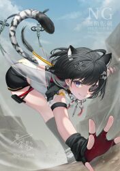  1girl animal_ears arknights arknights:_endfield black_gloves black_hair black_shorts commentary_request day dust eyepatch fingerless_gloves gloves hair_ornament highres long_hair looking_at_viewer outdoors pouch shorts smile solo tail tail_ornament thigh_pouch tiger_ears tiger_girl tiger_tail tintin_(character) twitter_username violet_eyes watermark yazuki_(n_y_0714) 