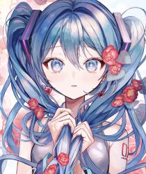  1girl absurdres aqua_eyes aqua_hair aqua_nails arm_tattoo armpits bare_shoulders breasts collared_shirt commentary_request earrings fingernails flower grey_shirt hair_between_eyes hair_flower hair_ornament hatsune_miku heart heart_earrings heart_in_eye highres holding holding_own_hair jewelry long_hair looking_at_viewer nail_polish number_tattoo parted_lips pipi_(pipinavigation) red_flower shirt sleeveless sleeveless_shirt small_breasts solo symbol_in_eye tattoo twintails upper_body very_long_hair vocaloid 