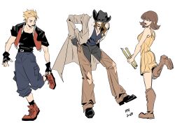  1girl 2boys absurdres adjusting_clothes bare_shoulders black_boots black_gloves black_hat black_pants black_shirt blonde_hair blue_shorts boots breasts brown_boots brown_chaps brown_hair coat commentary_request copyright_name cowboy_hat dress facial_tattoo final_fantasy final_fantasy_viii fingerless_gloves full_body garbage_paper gloves grey_coat hair_between_eyes hair_over_shoulder hat highres holding holding_nunchaku holding_weapon irvine_kinneas korean_commentary long_coat long_hair low_ponytail medium_breasts multiple_boys neck nunchaku open_mouth overalls pants parted_bangs ponytail red_boots red_vest selphie_tilmitt shirt short_hair shorts sketch smile standing standing_on_one_leg tattoo vest weapon white_background yellow_dress yellow_overalls zell_dincht 
