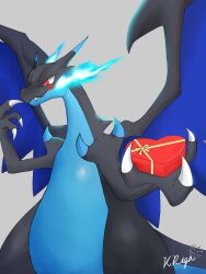1other 2026 artist_name black_skin blue_fire blue_skin blush charizard chocolate_heart dragon fang fangs fire furry grey_background heart heart-shaped_box horn horns lizard looking_to_the_side mega_charizard_x mega_pokemon no_humans pokemon pokemon_(creature) red_eyes sharp_fingernails shy signature simple_background solo spikes tail two-tone_skin uchikki_riza white_pupils wings