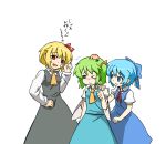  &gt;_&lt; 3girls blonde_hair blue_eyes blue_hair bow cirno daiyousei dress green_hair hair_bow hair_ribbon hand_on_shoulder head_bump hihachi injury multiple_girls necktie open_mouth pointing pointing_up red_eyes ribbon rumia short_hair side_ponytail tears touhou translated wings wink youkai 