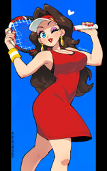  1girl bare_shoulders black_border blue_background blue_eyes border breasts brown_hair commentary dress earrings feet_out_of_frame heart holding holding_racket jewelry long_hair makeup mario_tennis mario_tennis_fever nail_polish official_alternate_costume one_eye_closed pauline_(mario) pauline_(modern_tennis)_(mario) qewie racket red_dress simple_background sleeveless sleeveless_dress smile solo super_mario_bros. tennis_racket visor_cap watermark 