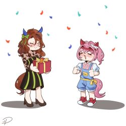  2girls absurdres animal_ears artist_name birthday bow carrot confetti dress full_body gift green_bow hair_bow haru_urara_(casual)_(umamusume) haru_urara_(umamusume) headband high_heels highres horse_ears horse_girl horse_tail jondough king_halo_(casual)_(umamusume) king_halo_(umamusume) lace_dress multiple_girls red_headband signature simple_background smile tail tears umamusume white_background 