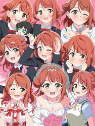  2girls alternate_hairstyle black_jacket bouquet bow breasts collar commentary_request dress green_eyes hair_ornament hairclip heart heart_hands highres holding holding_bouquet jacket jewelry large_breasts long_hair looking_at_viewer love_live! love_live!_nijigasaki_high_school_idol_club multiple_girls multiple_views nijigasaki_school_uniform one_eye_closed open_mouth red_background red_bow red_hair school_uniform shinonome_sakura shirt simple_background stuffed_toy sweater_vest takasaki_yu uehara_ayumu upper_body wedding_dress white_dress white_shirt 