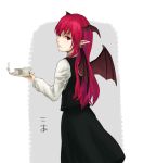  bat_wings beato2528 cake candle character_name cup dress_shirt eyebrows fingernails food head_wings koakuma lips long_fingernails long_hair long_sleeves looking_at_viewer looking_back nail_polish payot plate pointy_ears red_eyes red_hair redhead shirt simple_background skirt skirt_set solo teacup touhou tray waistcoat white_shirt wings 