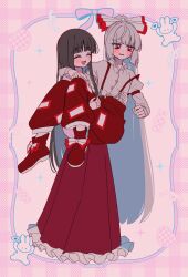  2girls bad_id bad_twitter_id blue_hair blush boots bow bowtie brown_hair carrying carrying_person closed_eyes collared_shirt colored_inner_hair commentary_request footwear_bow frilled_skirt frills fujiwara_no_mokou full_body grey_shirt hair_bow hand_fan heart highres holding holding_fan houraisan_kaguya long_hair long_sleeves multicolored_hair multiple_girls ofuda ofuda_on_clothes open_mouth pants pink_shirt princess_carry rabbit red_boots red_eyes red_pants red_skirt shirt skirt smile suspenders tamiko_(tamik0224) touhou very_long_hair white_bow white_bowtie wide_sleeves yuri 