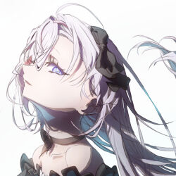  1girl ahoge bare_shoulders black_bow black_choker black_dress bow choker commentary_request dress from_side grey_eyes grey_hair hair_bow long_hair mitama3nosuke murasaki_(reverseblue) official_alternate_costume reverseblue_x_re-birthend solo 