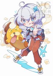  1girl ahoge aiming aiming_at_viewer black_shirt blue_eyes braid chibi commentary creature cropped_jacket finger_gun full_body highres honkai_(series) index_finger_raised jewelry kiana_kaslana kiana_kaslana_(honkai:_nexus_anima) leaning_forward long_hair long_sleeves looking_at_viewer necklace official_alternate_costume orange_pants pants pointing pointing_at_viewer puddlipup_(honkai:_nexus_anima) reaching reaching_towards_viewer shirt solo standing star-shaped_pupils star_(symbol) symbol-shaped_pupils thumbs_up tongue tongue_out twin_braids uouomon0808 white_background white_hair 