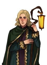  1boy arrapso blonde_hair cloak collared_shirt cowboy_shot expressionless facing_viewer gold_trim green_robe hand_up highres holding holding_lantern holding_staff lake_of_voices lantern large_variant_set looking_at_viewer male_focus non-web_source official_art raised_eyebrows red_shirt robe self-datamine shirt short_hair solo staff surprised tachi-e the_guide_(lake_of_voices) variant_set wavy_hair wide-eyed 