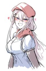 2poet 9a-91_(girls'_frontline) absurdres beret blue_eyes breasts commentary_request girls_frontline hat highres korean_commentary long_hair long_sleeves looking_at_viewer medium_breasts scarf smile star_(symbol) turning_head white_hair 