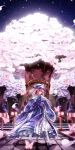  90i cherry_blossoms frills from_behind hat japanese_clothes lantern looking_back nature outdoors petals pink_hair saigyou_ayakashi saigyouji_yuyuko short_hair solo touhou tree 