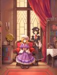  blonde_hair book bookshelf brown_eyes brown_hair candle clock corset hakurei_reimu hat highres maribel_hearn multiple_girls phone room short_hair sitting smile touhou usami_renko windart yukkuri_shiteitte_ne 