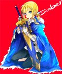  avalon_(fate/stay_night) blonde_hair blue_eyes cape character_name excalibur fate/zero fate_(series) full_body gloves gmanee hair_ribbon kneeling ponytail red_background ribbon saber sheath sheathed solo sword weapon 