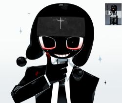  1018sus 1boy :d arm_at_side bags_under_eyes black_eyes black_hat black_jacket black_necktie black_skin blood blood_on_cheek blood_on_clothes blood_on_face blood_on_hands bright_pupils collared_shirt colored_skin commentary_request cross fewer_digits finger_to_cheek game_screenshot_inset grid_teeth grin hand_up hat highres jacket korean_commentary layered_sleeves long_sleeves looking_at_viewer male_focus necktie no_nose open_clothes open_jacket player_character_(roblox) pom_pom_(clothes) reference_inset roblox scar_across_eyes screenshot_inset shirt simple_background slit_pupils smile solo sparkle straight-on thumbs_up upper_body ushanka very_big_eyes white_background white_pupils white_shirt 