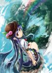  blue_hair food fruit hat hinanawi_tenshi long_hair looking_at_viewer looking_back peach rainbow red_eyes sitting solo touhou yagi_(sinnsyou) 