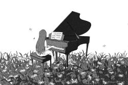  0000_gong 1girl commentary egret_orchid from_behind grand_piano greyscale hashtag-only_commentary highres instrument long_hair mari_(omori) mari_(spirit)_(omori) monochrome music omori piano piano_bench playing_instrument playing_piano sheet_music short_sleeves simple_background sitting solo 
