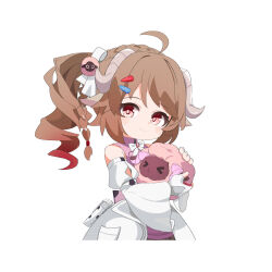  >_< 1girl ahoge ame. animal_ears ardelia_(arknights) arknights arknights:_endfield bare_shoulders blush_stickers braid brown_hair chibi closed_eyes closed_mouth commentary_request detached_sleeves eyjafjalla_(arknights) fingerless_gloves gloves gradient_hair highres horns juliet_sleeves long_sleeves looking_at_viewer multicolored_hair puffy_sleeves purple_shirt red_eyes red_hair sheep_ears sheep_girl sheep_horns shirt side_ponytail simple_background sleeveless sleeveless_shirt smile solo white_background white_gloves white_sleeves wide_sleeves 