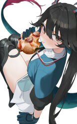  1girl absurdres arknights arknights:_endfield black_boots black_hair blue_gloves blue_jacket blush boots chen_qianyu_(arknights) closed_eyes commentary dragon_girl dragon_horns dragon_tail food food_in_mouth food_on_face food_request gloves grey_eyes hair_between_eyes highres holding holding_food horns jacket kumari2311 long_hair looking_at_viewer skirt solo tail thigh_boots twintails white_skirt 