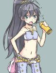  bare_shoulders belt black_hair blue_eyes blush bottle cool_&amp;_sexy_(idolmaster) ganaha_hibiki hand_on_hip hips idolmaster jewelry long_hair midriff navel necklace open_mouth ponytail solo sweat ueshita very_long_hair water_bottle 