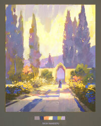  1girl absurdres arch artist_name blue_dress blue_flower bush commentary dress english_commentary flower from_behind garden highres landscape long_hair orange_flower original outdoors painterly path raja_nandepu red_hair road scenery sky sunlight tree yellow_sky 