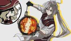  1boy 1girl absurdres black_gloves blonde_hair chef_hat closed_mouth commentary cooking frying_pan gloves green_eyes hair_over_one_eye hat highres holding holding_frying_pan holding_spatula limbus_company long_hair lucio_(project_moon) ponytail project_moon red_hat sixgod spatula untranslatable_commentary valencina_(project_moon) white_hair 