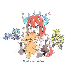  3_ma_me 3girls bird blue_eyes blue_horns character_request crossover dog dragon_girl dragon_horns duel_monster horns kitchen_dragonmaid laundry_dragonmaid maid multiple_girls parlor_dragonmaid pokemon pokemon_(creature) red_hair simple_background starter_pokemon_trio upper_body white_background yu-gi-oh! 