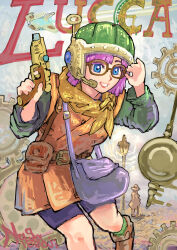  1girl adjusting_eyewear bag bike_shorts blue_eyes blunt_bangs blunt_ends boots breasts brown_boots character_name chrono_trigger cowboy_shot glasses green_socks gun headset helmet highres holding holding_gun holding_weapon lucca_ashtear medium_breasts naga160oji neckerchief orange_tunic parted_lips purple_hair short_hair shoulder_bag smile socks solo tunic weapon yellow_neckerchief 