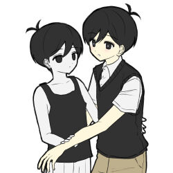  2boys :o :| antenna_hair bare_arms bare_shoulders black_eyes black_hair black_sweater_vest black_tank_top bright_pupils brown_pants buttons closed_mouth collarbone collared_shirt commentary_request cowboy_shot double-parted_bangs dual_persona empty_eyes expressionless eye_contact face-to-face faux_retro_artstyle fingernails flat_color hair_behind_ear hair_between_eyes hand_on_another's_back hand_on_another's_wrist highres light_blush light_frown looking_at_another male_focus multiple_boys no_pupils omori omori_(omori) open_mouth pants pinstripe_pants pinstripe_pattern pocket shirt short_hair short_sleeves simple_background standing sunny_(omori) sweater_vest tank_top tareme true_erg very_short_hair white_background white_pants white_pupils white_shirt 