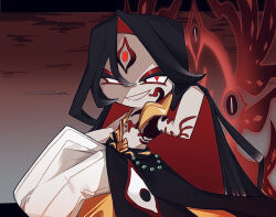  1other black_hair body_markings commentary_request cookie_run cookie_run:_ovenbreak eyeshadow highres kyousin_sya69 makeup obscure_umbra_cookie red_eyes red_eyeshadow smile tattoo 