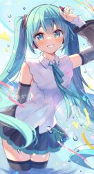  1girl aqua_eyes aqua_hair aqua_necktie aqua_trim arm_up armpit_crease black_skirt black_thighhighs blush breasts collared_shirt commentary_request detached_sleeves hair_between_eyes hair_ornament hatsune_miku hatsune_miku_(nt) highres layered_sleeves long_hair long_sleeves looking_at_viewer medium_breasts necktie official_alternate_costume piapro_studio pleated_skirt ribbon shirt skirt sleeveless sleeveless_shirt smile solo sumisaki_yuzuna teeth thigh-highs twintails very_long_hair vocaloid white_shirt 
