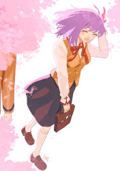  1girl 1other artist_name bag black_skirt brown_shoes brown_vest cherry_blossoms closed_eyes commentary_request fate/stay_night fate_(series) hair_ribbon hal_(haaaalhal) highres holding holding_bag homurabara_academy_school_uniform long_hair long_sleeves matou_sakura neck_ribbon open_mouth purple_hair red_ribbon ribbon school_bag school_uniform shirt shoes skirt smile socks vest white_background white_shirt white_socks 