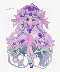  1girl :o bow bowtie commentary frilled_hat frills full_body hat hibi89 jacket looking_at_viewer open_mouth personification pink_bow pink_bowtie pink_shorts pokemon purple_hat purple_shoes shiinotic shoes shorts simple_background socks solo standing untranslatable_commentary violet_eyes white_background white_bow white_hair white_jacket white_socks 