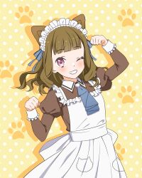  1girl ;d absurdres animal_ears arm_up ascot blue_ascot blush brown_hair cat_ears cat_girl center-flap_bangs commentary_request drop_shadow grin hand_up highres juliet_sleeves kachimachi_kosuzu kujo_awenn link!_like!_love_live! long_hair long_sleeves looking_at_viewer love_live! nyan_nyan_nyan_fair_in_gamers one_eye_closed paw_pose paw_print pink_eyes polka_dot polka_dot_background puffy_sleeves sidelocks smile solo virtual_youtuber wavy_hair yellow_background 