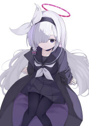  1girl absurdres arms_at_sides black_choker black_coat black_eyes black_hairband black_pantyhose black_sailor_collar black_serafuku black_shirt black_skirt blue_archive blunt_bangs bow braid choker coat commentary expressionless feet_out_of_frame grey_hair hair_bow hair_over_one_eye hair_spread_out hairband halo highres long_bangs long_hair long_sleeves looking_at_viewer neckerchief one_eye_covered open_clothes open_coat osmium-76 pantyhose plana_(blue_archive) pleated_skirt red_halo red_pupils sailor_collar school_uniform serafuku shirt single_braid sitting skirt solo very_long_hair white_bow white_neckerchief 