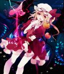  1girl apple bad_id blonde_hair flandre_scarlet food fruit hat laevatein long_hair natsuiro_xx red_eyes side_ponytail skirt skirt_set solo thigh-highs thighhighs tongue tongue_out touhou white_legwear wrist_cuffs 