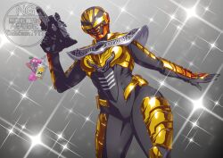  1girl absurdres armor armored_bodysuit black_bodysuit bodysuit breastplate character_mask chou_uchuu_keiji_gavan_infinity combat_helmet commentary_request full_armor gauntlets gavan_luminous gavarion_trigger gold_armor gold_helmet gold_trim gun helmet highres holding holding_gun holding_weapon mask otokamu pauldrons science_fiction shoulder_armor solo tokusatsu weapon 